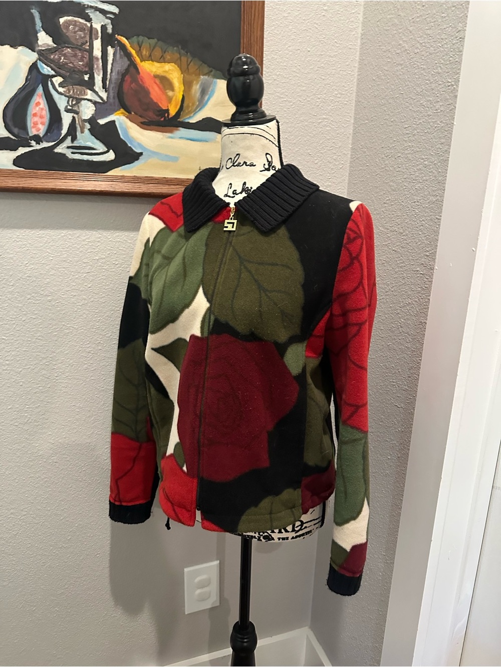 St. John Sport by Marie Gray Floral Zip Bomber Jacket in Red, Green & Black